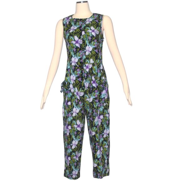 Vintage 90s Erika Taylor Tropical Floral Print Jumpsuit Cotton Pockets M - Picture 1 of 10